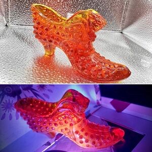 Fenton Amberina Glass Shoe - Glowing Cat Head Slipper, Hobnail Victorian Heel